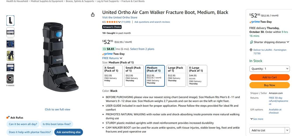 United Ortho Air Cam Walker Fracture Boot, Medium, Black